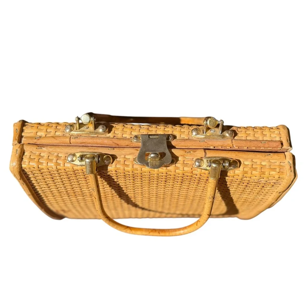 Vintage Wicker Top Handle Bag Woven Rattan Satchel Purse Honey Brown Cottagecore